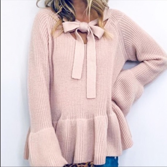 Blush Pink Front Bow Tie Sweater - Picture 3 of 8